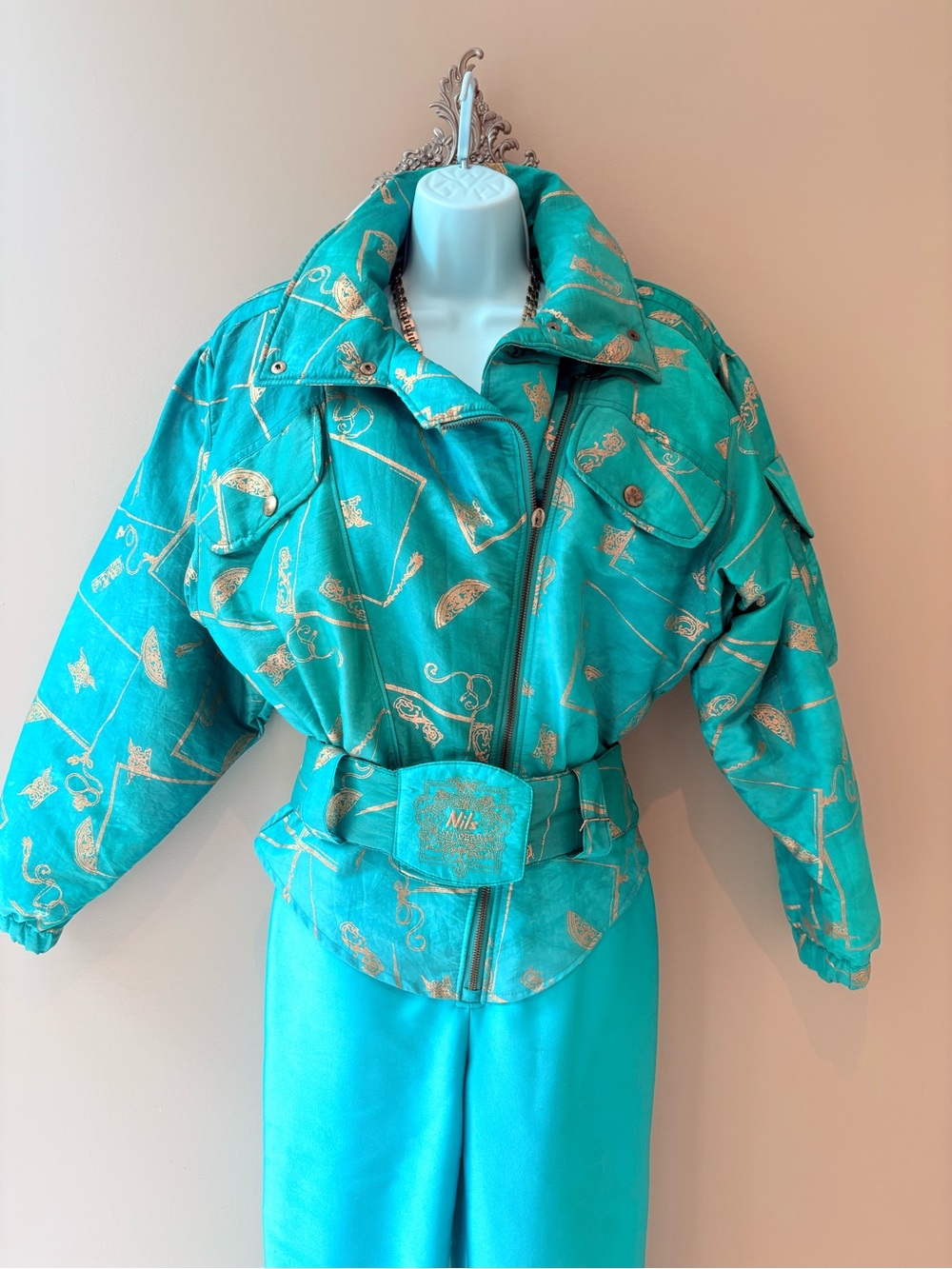 True VINTAGE WOMENS NILS SKI SNOW SUIT 🎿Turquoise ONE PIECE Spandex Legs Wool 8
